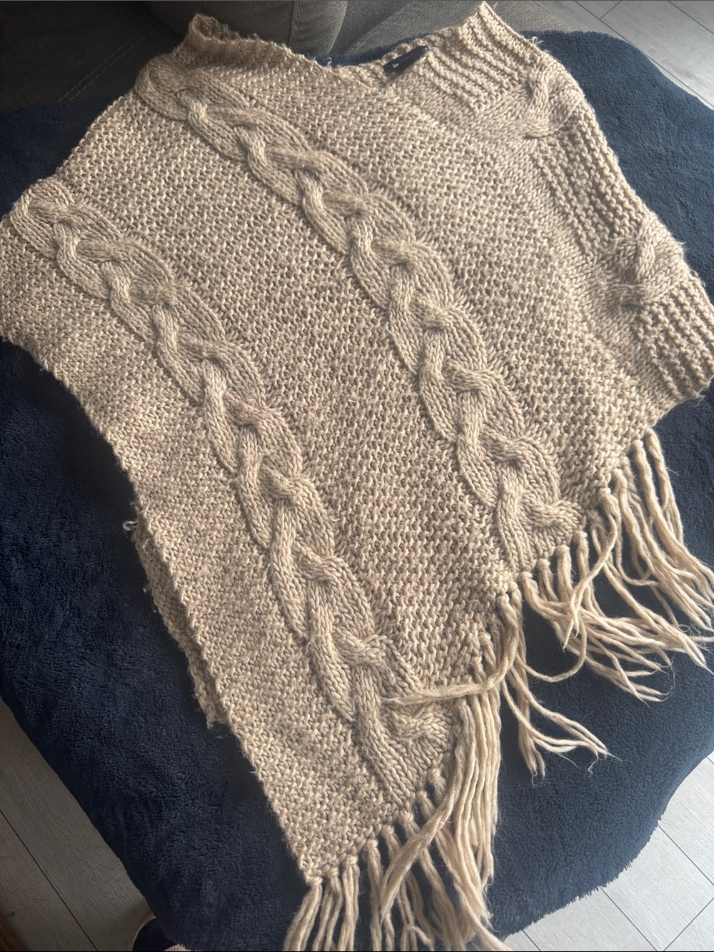 Le Château Neutral Beige Cable-Knit Fringe Poncho